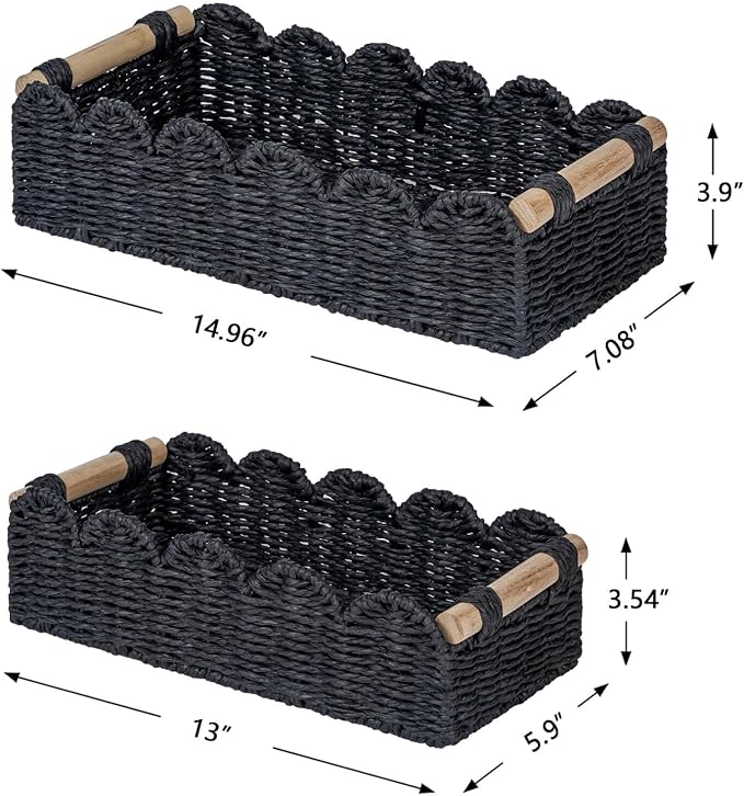CubesLand Toilet Paper Storage Basket, Scalloped Edge Shelves Basket for Organizing for Over Toilet Tank Storage, Home Decor Baskets for Shelf, Countertop, Living Room, Bedroom, Handwoven, Black