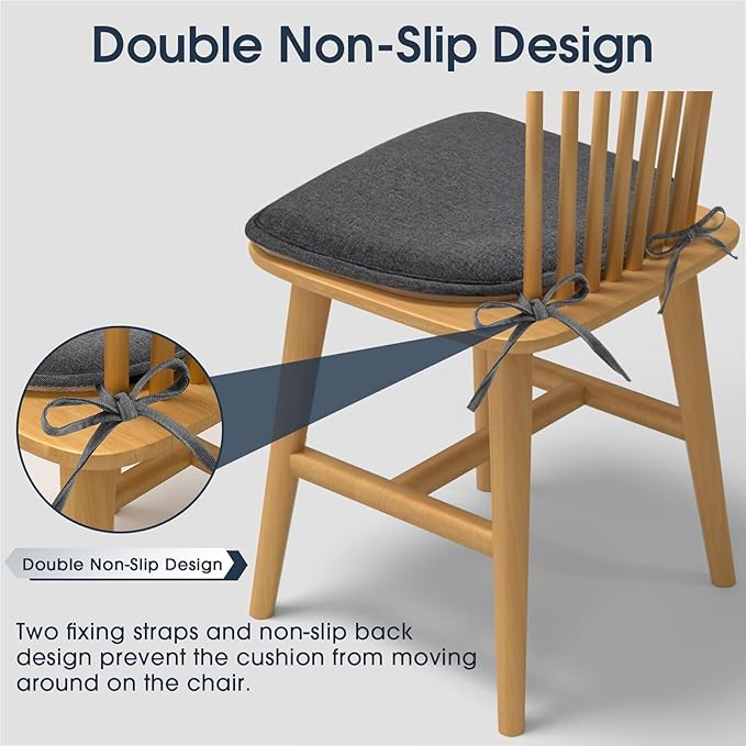 TushGuard Chair Cushions, 4 Pack Memory Foam Chair Pads, Seat Cushion, Kitchen Chair Cushions Set of 4, Anti-Slip Backing & Fixed Straps,Grey