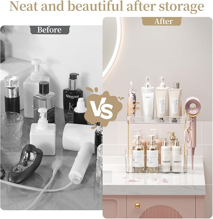 shuang qing 2 Tier Bathroom Counter Organizer with Hair Dryer Holder, Hair Tool Countertop Storage, Cosmetics Skincare Shelf Organizer, Makeup Organizer Perfume for Dresser Vanity Tray - White