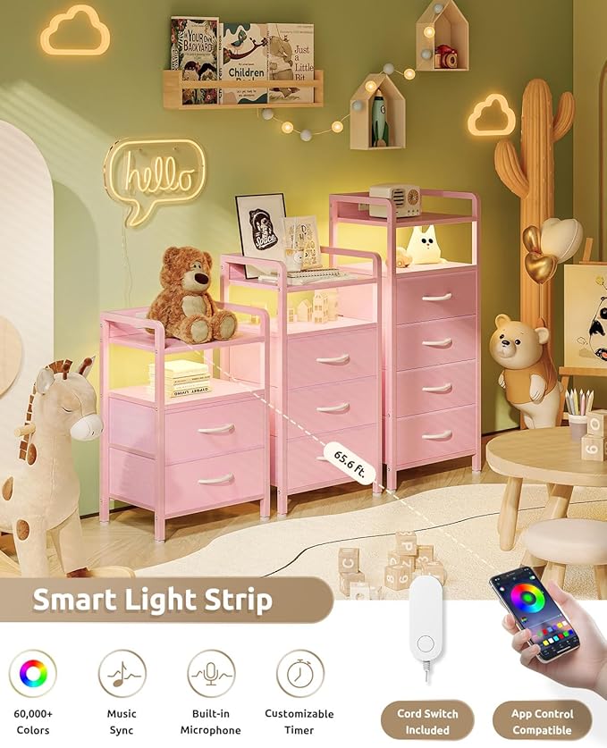 Lazzanto Night Stand Bedside Charger Bedroom - Nightstand with Charging Station & LED Light Strip, Night Stand with Storage Shelf & 2 Fabric Drawers, Morden End Table with USB Ports&AC Outlets,Pink
