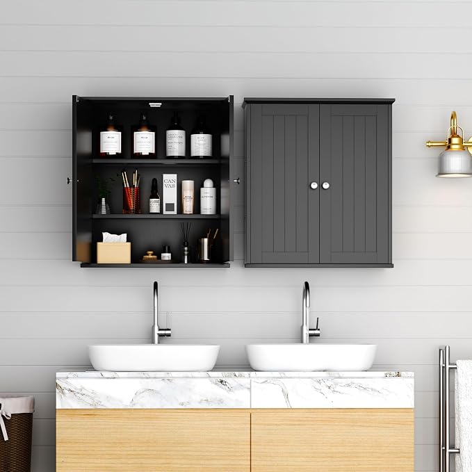 Shintenchi Bathroom Wall Medicine Cabinet with 2 Door, Bathroom Storage Organizer Over The Toilet,Space Saving Storage with 3-Tier Shelves,Black