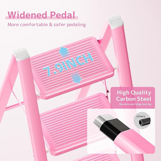 Pink Step Ladder 3 Step Folding, Small Step Stool for Women to Reach Higher Places, Widen 7.9Inch Pedal for Comfortable Use, Anti-Slip Foot for Safe Use, Sturdy and Fold Thin, 330Lbs Load