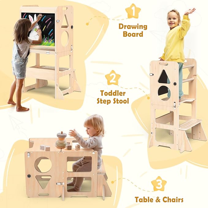 Toddler Standing Tower with Anti-Fall Buckle, 4-in-1 Anti-Slip Toddler Kitchen Step Stool with Blackboard, Foldable Wooden Kitchen Stool Helper for Kids, 1-3 Year Old Boy Girl Gifts