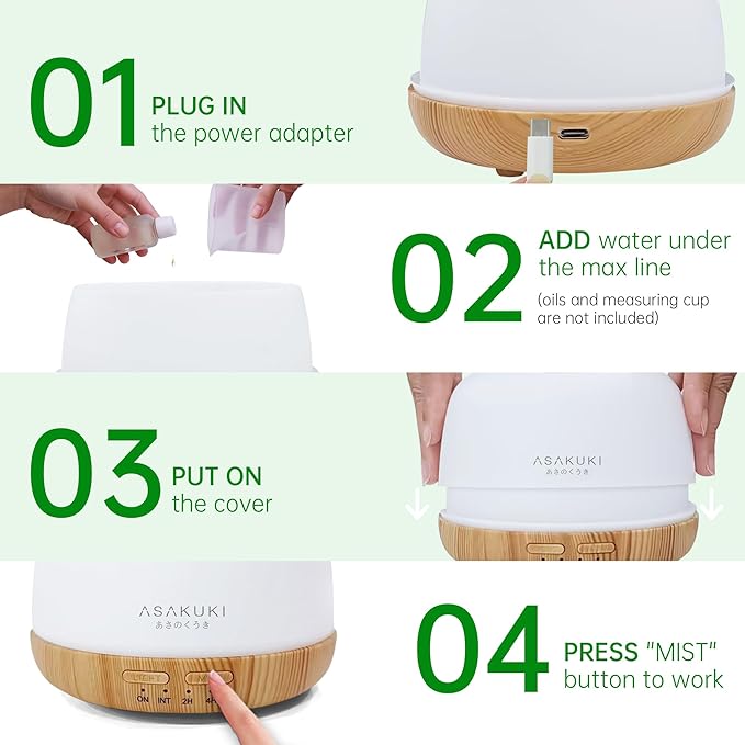 ASAKUKI Essential Oil Diffuser, 300ml Ultrasonic Aromatherapy Oil Humidifier with 7 Colors LED Lights, 2 Mist Mode for Home (Wood Grain)