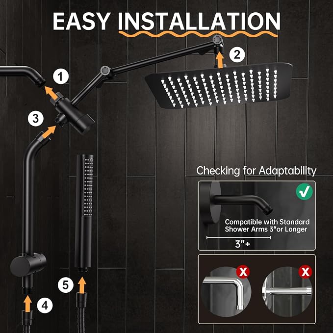 Veken All Metal 10" Black Shower Head with Handheld, Luxurious Square Double Rain Shower Heads with Spray Combo, Dual High Pressure Detachable Rainfall Showerhead with Arm,Bathroom Upgrade,Matte Black
