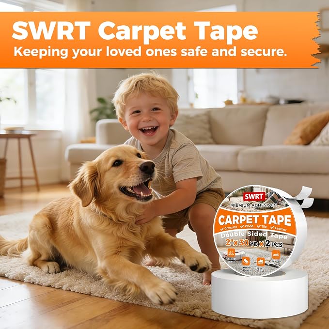 SWRT 2 Pack Carpet Tape Double Sided, 2 Inch x 30 Yards – Carpet Adhesive for Hardwood Floors, Heavy Duty Anti Slip Rug Grip Tape, Works as Rug Grippers, Residue Free, Easy Removal for Tile