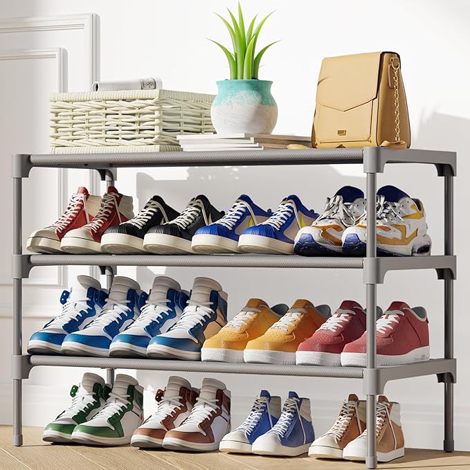Kitsure Shoe Rack - Non-Woven Shoe Rack Shelf, Shoe Organizer for Closet, Entryway, Garage & Corridor, Stackable Shoe Shelves, 27.5" Wide - 3 Tier, Grey