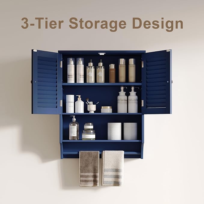 ChooChoo Bathroom Wall Cabinet with Towels Bar, 23.6" L x7.9 W x27.5 H MDF Material Medicine Cabinet, 2 Doors Over The Toilet Space Saver Storage Cabinet with Large Space, Navy Blue
