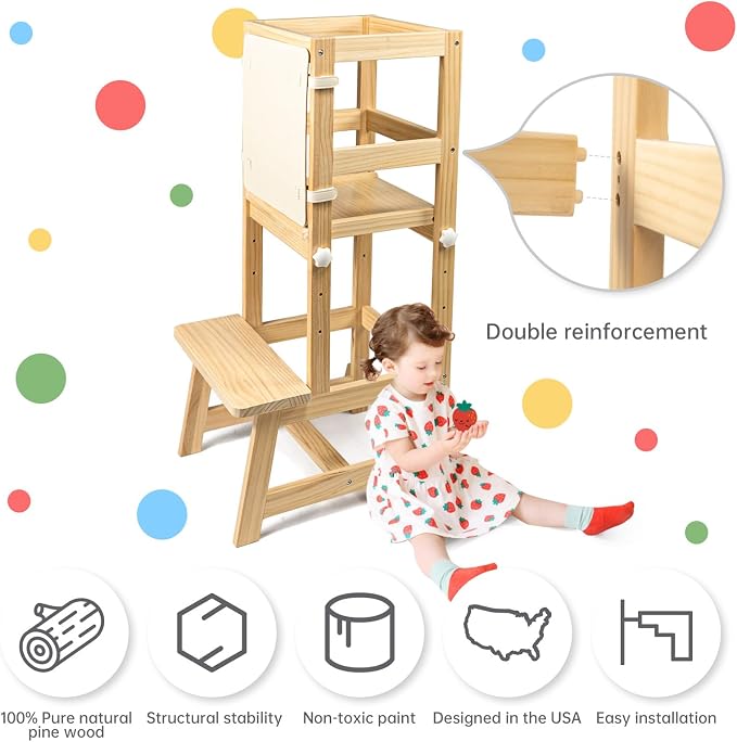 Kitchen Step Stool for Toddlers with Non-Slip Mat, WOOD CITY Wooden Kids Montessori Learning Stool Tower, Toddler Standing Tower Helper for Kitchen Counter and Bathroom Sink (Burlywood-Adjustable)