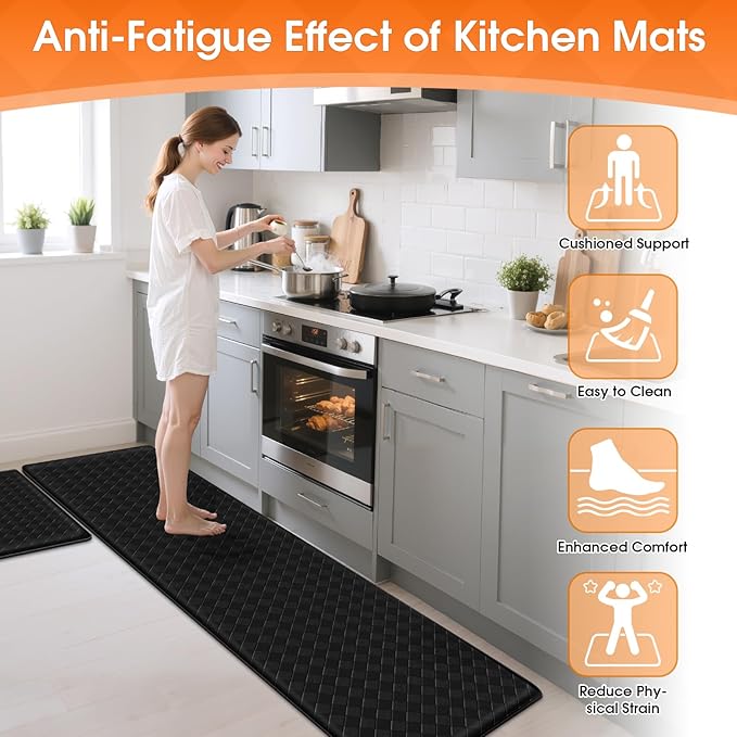 TranquilRelax 2-Piece Anti-Fatigue Kitchen Mats, Cushioned Non-Slip Waterproof Sink & Stove Floor Mats, Comfortable Standing Rug Set for Kitchen, Laundry & Entryway, Black