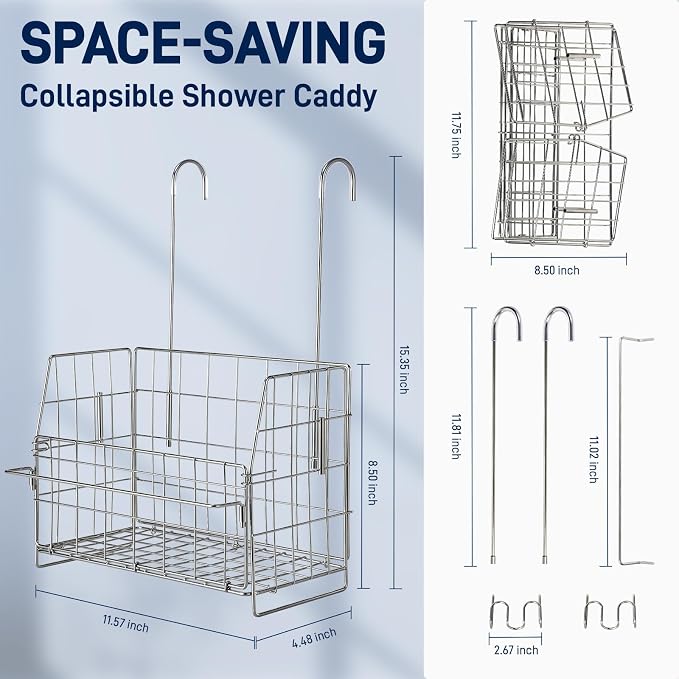 SUTINE Hanging Shower Organizer, Shower Caddy Hanging, Bathroom Storage Rack with Hooks Over the Door, Stainless Steel Rustproof Bathroom Basket Shelf for Bath Faucet or Cross Bar
