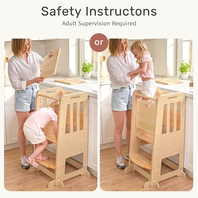 WINGYZ Toddler Tower - Anti-Tip Natural Wood Learning Stool Helper for Kids 18M-6Y, 150lb Capacity Kitchen Stool with 3-Height Adjustable Platform and Sliding Door Access, 20lb Portable Design, Wood