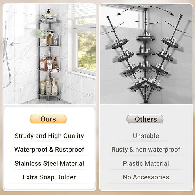 ELYKEN Corner Shower Caddy Standing, 4 Tier Rustproof Metal Shower Organizer with Soap Holder, Floor Shower Corner Shelf Rack Storage Stands with Adjustable Feet & 2 Hooks for Bathroom, Silver