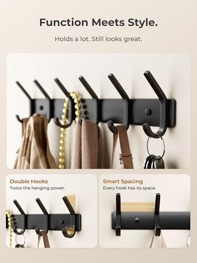 GWAAZXGZ Coat Rack Wall Mount Hooks - 15 Inch Matte Black Metal 6-Hook Organizer Wall Mounted, Modern Kids Room, Entryway & Bathroom Hanger for Beach Towels, Coats, Purses, Bags (1 Pack)