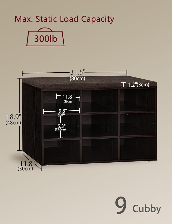 DINZI LVJ Shoe Bench, 9 Cubbies Shoe Organizer for Entryway, Storage Bench with Cushion, Cubby Shoe Rack with Adjustable Shelves for Living Room, Bedroom, Mudroom, Hallway, Espresso