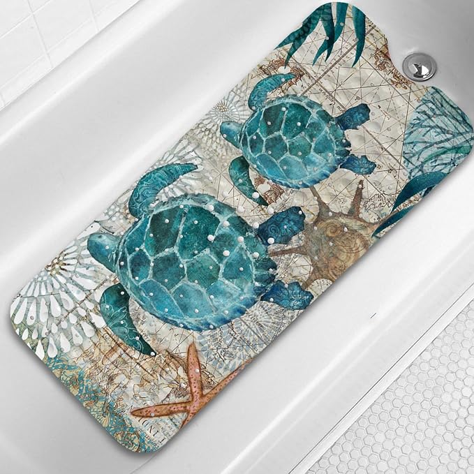 Blue Bathtub Mat Non Slip, 40x16 inch Bath and Shower Safety Mats, Vintage Sea Turtle Tub Mat for Bathroom, Tub Shower Mat with Drain Holes and Suction Cups