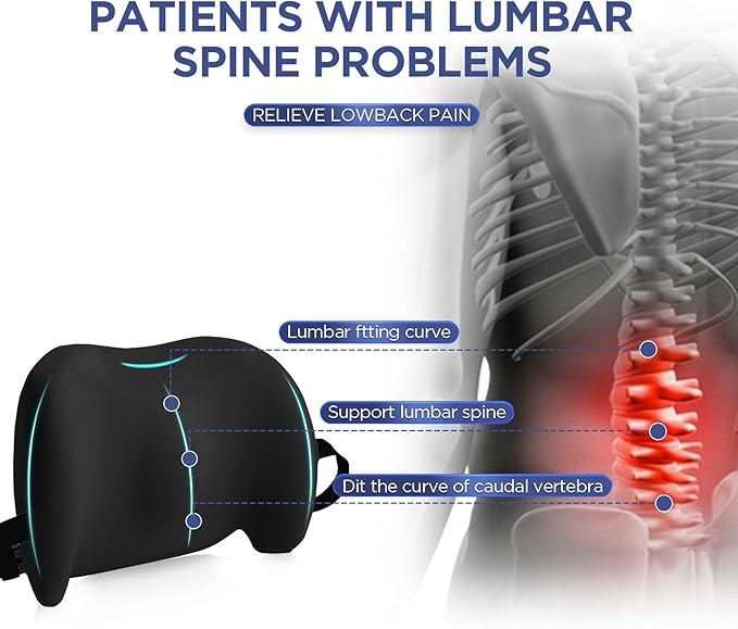 Lumbar Support Pillow for Office Chair, Car Lumbar Pillow Lower Back Pain Relief, Memory Foam Back Cushion with Adjustable Straps, Ergonomic Chair Back Pillow for Gaming Chair, Car, Bed (A-Black)