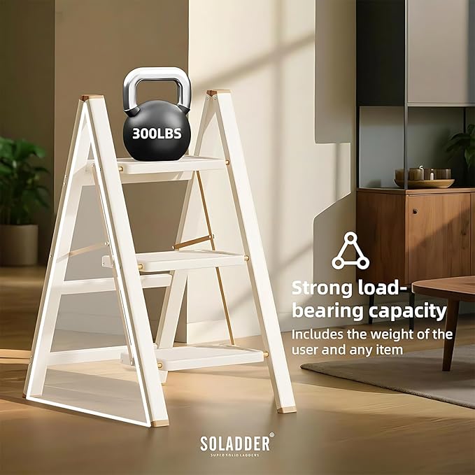 SOLADDER 3 Step Ladder, Anti-Slip and Lightweight Foldable Step Stool for Adults to Use in Kitchen, Closet and Library, 300lbs(Cream Chocalate)