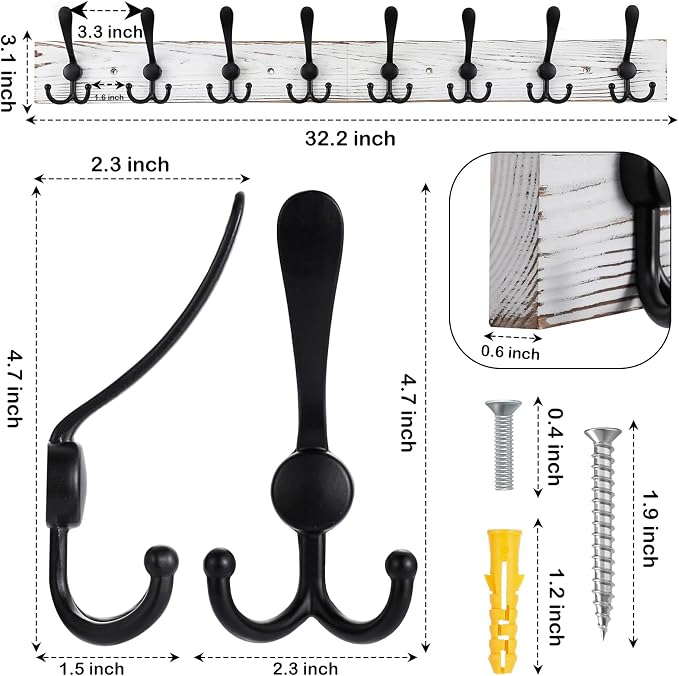 Kuhome 32.2'' Large Coat Rack Wall Mount Coat Hooks with 8 Metal Black Triple-Hooks Old White Pine Real Wood Plank Hat Rack for Wall Hooks