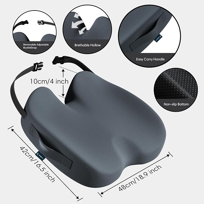 Large Memory Foam Seat Cushion for Office Chair, Car, Truck & Wheelchair - Sciatica Ease, Coccyx & Tailbone Pain Relief Cushion for Long Sitting & Driving