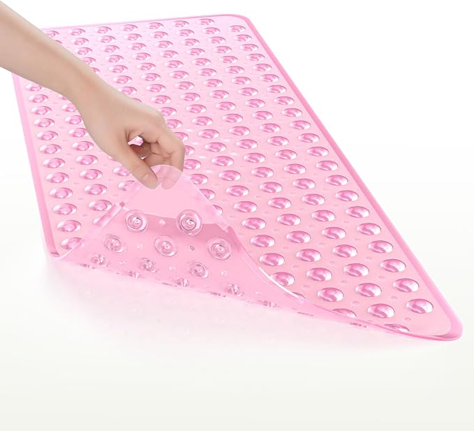 AmazerBath Shower Mat Non Slip 40 x 16 Inches, Shower Stall Mats with Suction Cups and Drain Holes, Non Slip Bath Mat for Tub for Elderly & Kids, Clear Pink