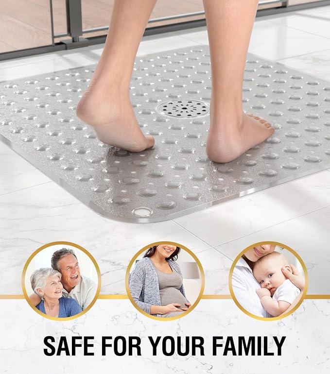 HITSLAM Shower Bathtub Mat Non Slip, 24"x 24" Bath Mat for Tub, Soft PVC Shower Mats for Inside Shower with Suction Cups and Center Drain Hole, Machine Washable Bathroom Floor Mat, Grey