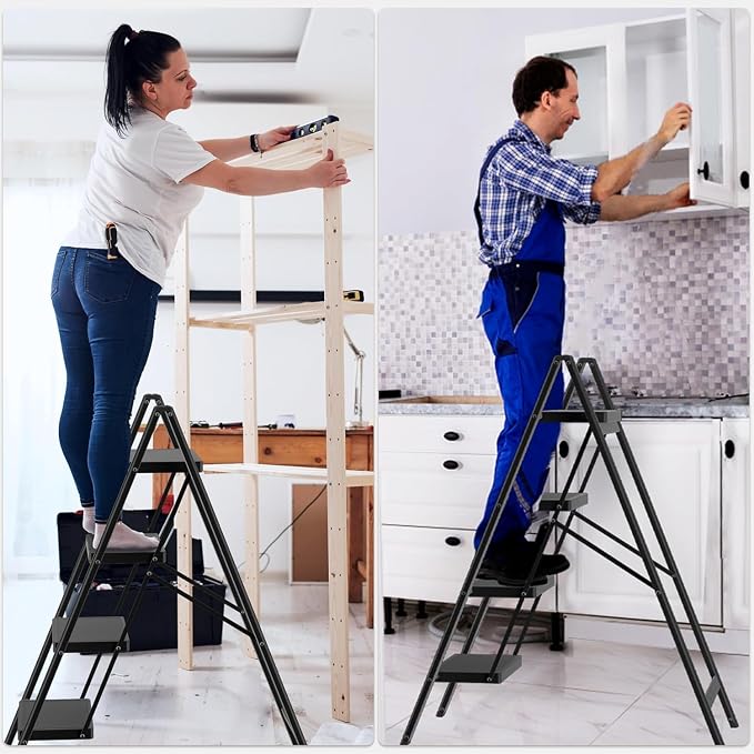 DIAMONDFORGE 4 Step Ladder, Folding Step Stool & Collapsible Stool for Kitchen, 330lbs Capacity with Wide Anti-Slip Pedal & Feet, Sturdy Steel Step Ladder for Home and Office, Black