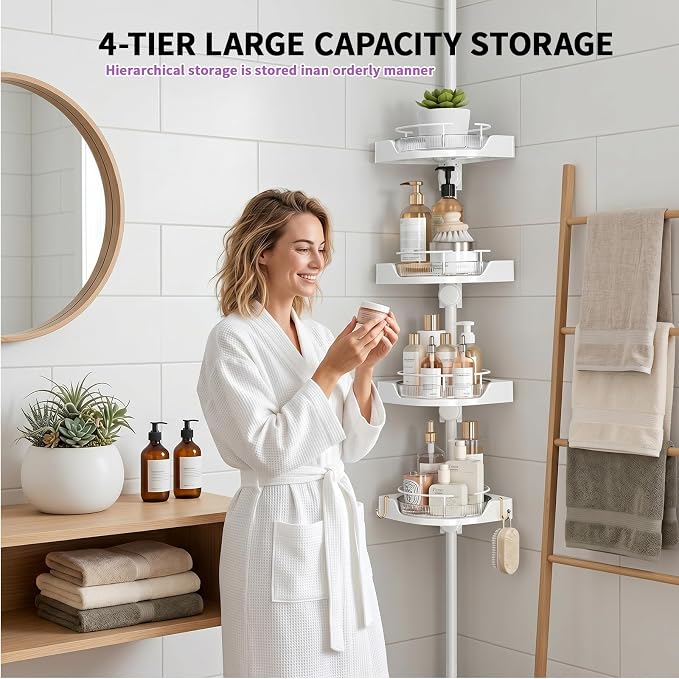 YCIA&DONE 360° Rotating Shower Caddy Tension Pole, 4 Tiers Corner Shower Organizer for Bathroom Shelf Bathtub, Adjustable Standing Shower Rack, Easily Assemble, 34-124 Inch Height, White