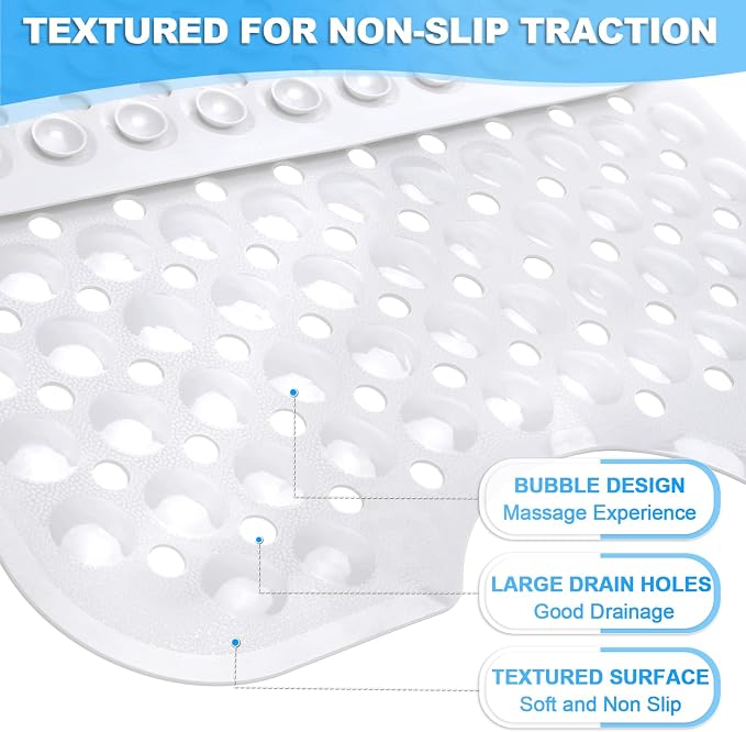 Bathtub and Shower Mats, 40x16 Inch Extra Large Non Slip Soft Bath Tub Mat with Suction Cups and Drain Holes for Bathroom Floor and Keep Tubs Clean, Machine Washable, White