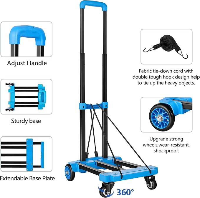 KEDSUM Folding Hand Truck, 290 lbs Dolly Cart with Wheels, Collapsible Hand Truck Dolly, Foladable Utility Cart Lightweight and Portable Luggage Cart for Airport Travel, Moving and Office Use, Blue