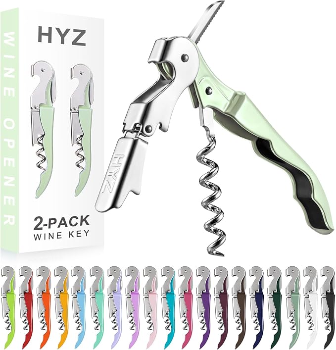 HYZ 2-Pack Wine Opener Waiter Corkscrew, Professional Wine Key for Servers, Bartender with Foil Cutter, Manual Wine Bottle Opener Double Hinged (Matcha Green)