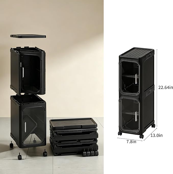 LXLXXL Narrow Storage Cabinet Slim Bathroom Storage Cabinet with Movable Wheels Tall Bathroom Organizer Skinny Cabinet for Small Spaces，2-Tier Black