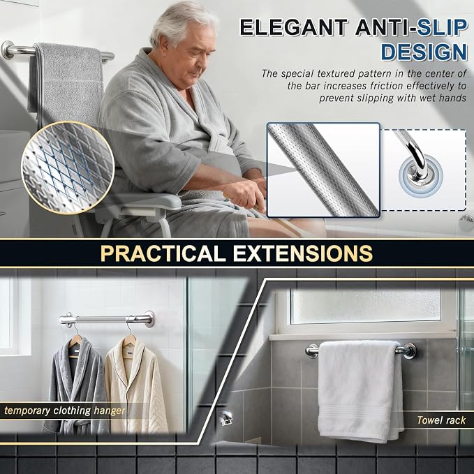 supregear Grab Bars for Bathtubs and Showers, Anti Slip Bathroom Grab Bars for Seniors, 304 Stainless Steel Safety Shower Handle, Toilet Handicap Elderly Assist Bathroom Wall Handle, 22 inch