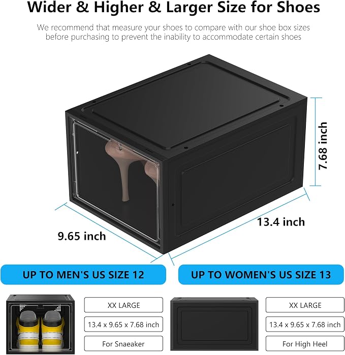 XX-Large Clear Shoe Storage Boxes with Magnetic Door, Thickened Stackable Shoe Organizer 12 Pack, Sneaker Display Case for Closet Organization & Entryway Storage, Dust-Proof Space Saving System, Black