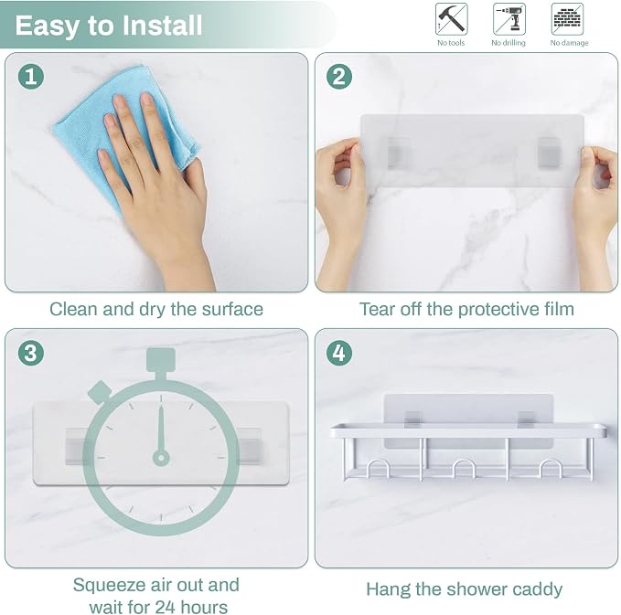 White Shower Caddy Organizer, 2 Pack Adhesive Shampoo Holder Basket Shelves for Storage and Organization, Wall Suction Bath Bathtub Rack Set for RV Camper, Bathroom Restroom Decor and Accessories