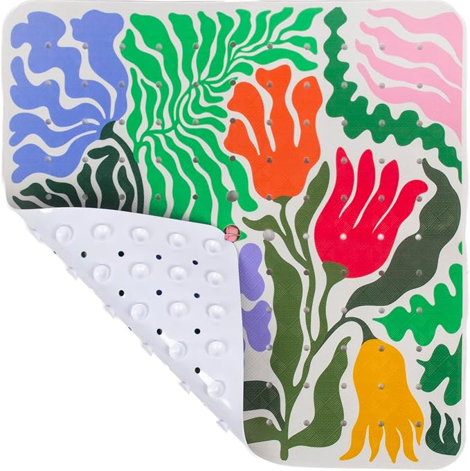Square Shower Mat Non Slip 21x21 Inch, Plant Anti Slip Shower Mat for Inside Shower Bathtub Mat Non Slip Funny Floral Bath Tub Mat Shower Floor Mat Bathroom Mat with Large Drain Holes Machine Washable