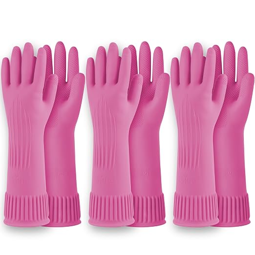 DABOGOSA Reusable Waterproof Household Dishwashing Cleaning Rubber Gloves, Non-Slip Kitchen Glove (Pink, Medium (Pack of 3))