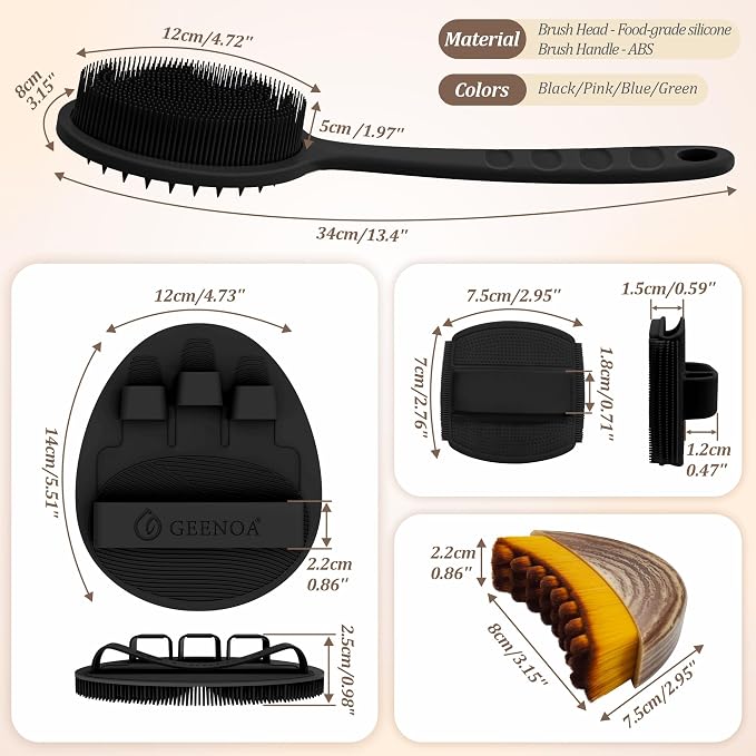 Silicone Back/Body/Face Scrubber & Lymphatic Contour Face Brush Set 4PCS, 13.4'' Soft Back Scrubber, 360° Anti-Slip Bath Glove, Unique Side-bristled Face Scrubber for All-Round Cleaning(Black)