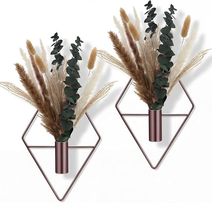 Jexine 4 Pcs Hanging Planters with Artificial Pampas Metal Hanging Vase Indoor Plants Holder Modern Geometric Boho Bathroom Wall Decor for Living Room Home Office, Bronze