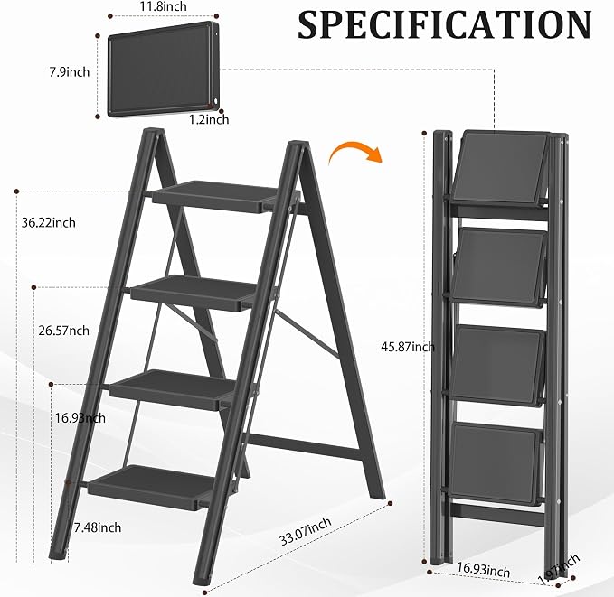 DIAMONDFORGE 4 Step Ladder, Folding Step Stool with Anti-Slip Wide Pedal, Anti-Slip Feet, Sturdiest Steel Construction, Steel Ladder for Home and Office, Black