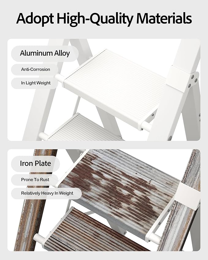 6 Step Ladder, Aluminum Folding StepStoowith Convenient Handgrip,Lightweight 330lbsCapacityStep Ladder for Household, Ofice, Kitchen(White)