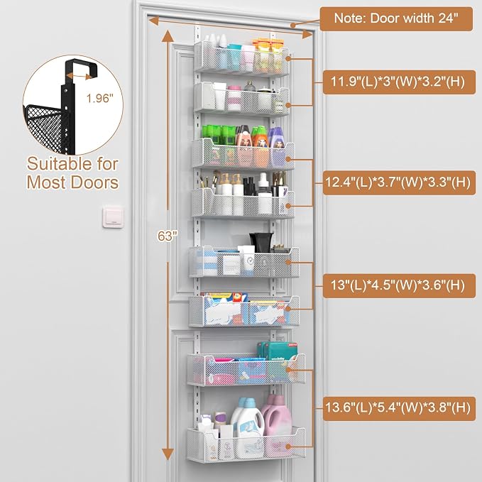 VyGrow Over The Door Organizer, 8-tier Metal Door Organizer Hanging with Adjustable Baskets, Behind The Door Storage for Bedroom Closet Bathroom Pantry Cabinet Kitchen, White