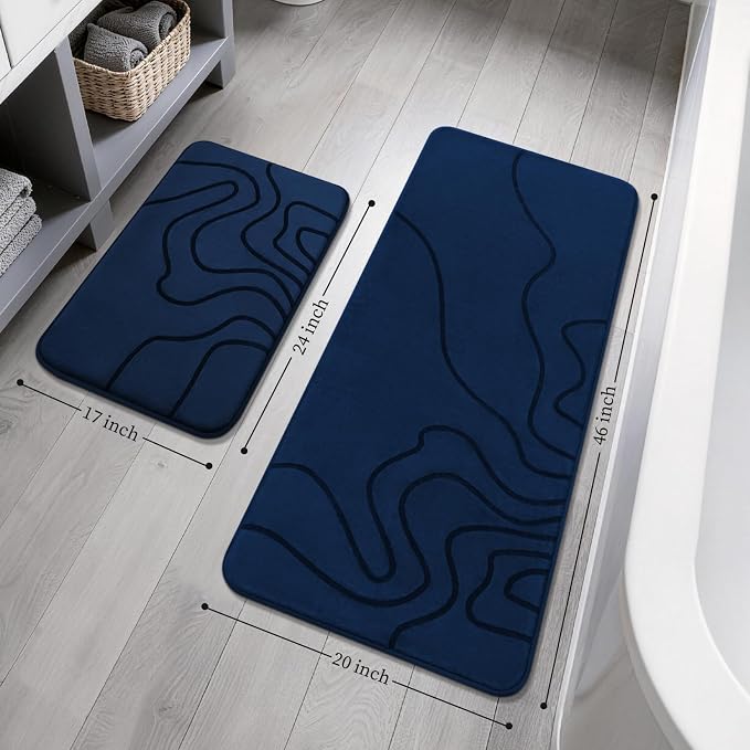 YIHOUSE Memory Foam Bathroom Rugs Sets 2 Piece - Extra Thick Ultra Soft Absorbent Bath Mat Set, Non-Slip Machine Washable Bath Rugs for Bathroom, Tub & Shower, Home Decor (17"x24"+20"x46", Dark Blue)