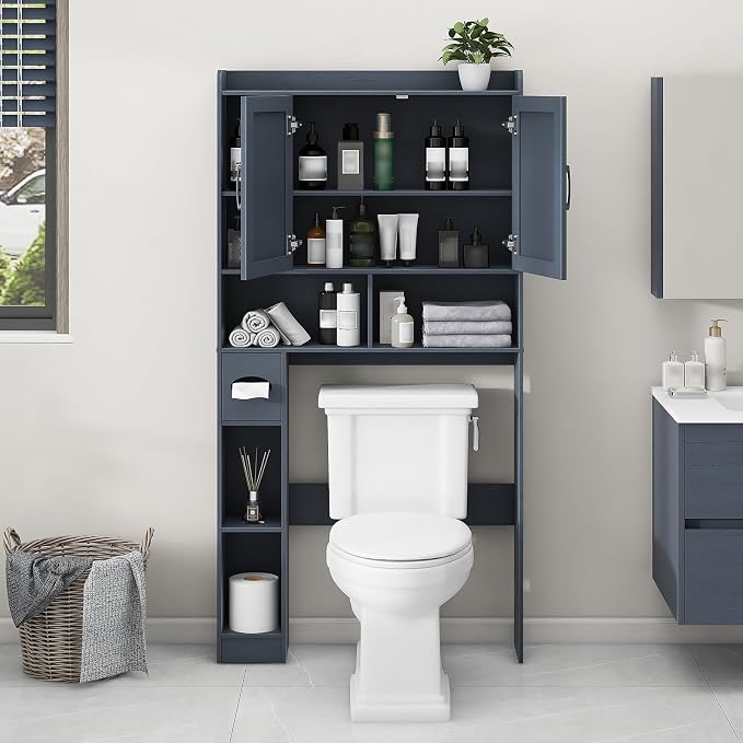Vabches Over The Toilet Storage Cabinet, Farmhouse Storage Cabinet Over Toilet with 2 Barn Door & Toilet Paper Holder Stand，Home Space-Saving Toilet Rack, for Bathroom, Restroom, Laundry,Blue