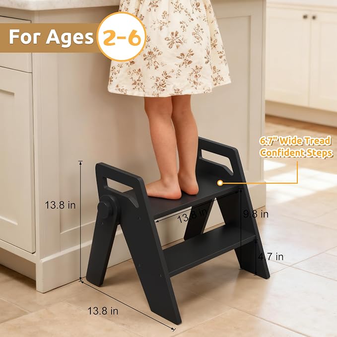 Wooden 2 Step Stool for Toddler Kids Bathroom Foldable 2-Step for Toilet Potty Training, Child Stepping Stool for Kitchen Nursery Bedroom