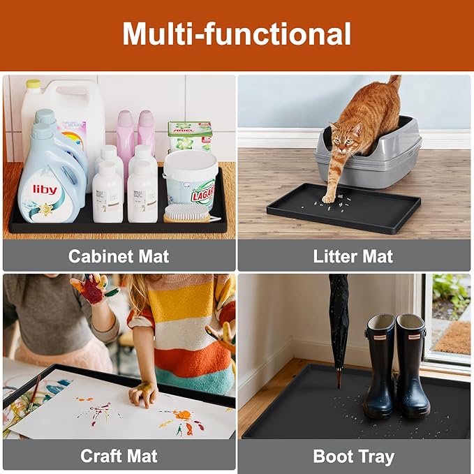 ukeetap Extra Thick Silicone Mat Waterproof with Raised Edge 19” x 12”, BPA Free Non-Slip Dog & Cat Food Mat, Feeding Mat for Food and Water Bowls, Spill Proof Mat to Protect Floors, Black
