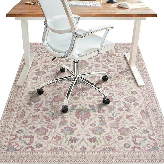 48"x72" Office Chair Mat for Hardwood Tile Floor, Under Desk Carpet Protector for Rolling Computer Chair Mat, Machine Washable Area Rug, Anti-Slip 1/5" Thick Low Pile Thin Vinyl Floor Mat, Dusty Rose
