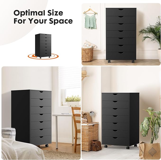 OLIXIS 7 Drawer Mobile File Cabinet Under Desk Storage Organization with Wheels Vertical Filing Chest Rolling Wood Small Desk Printer Stand for Home Office, 15.75"D x 18.74"W x 34.25"H, Black