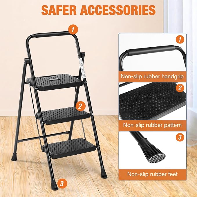 Sweetcrispy Folding 3 Step Ladder Stool - Lightweight, 800lbs Sturdy, with Anti-Slip Feet - Perfect for Home, Kitchen, and Office Use, Easy Storage and Portable Design