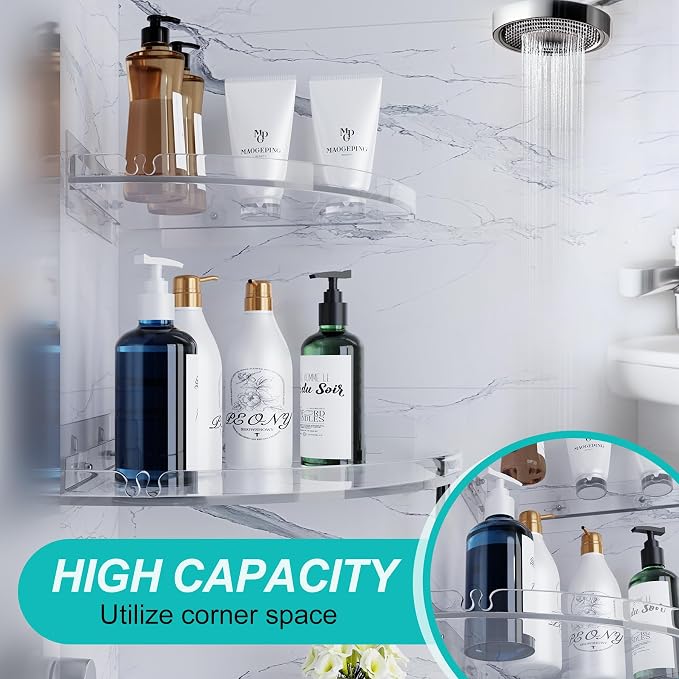 Acrylic Corner Shower Shelves, Adhesive Shower Caddy Organizer for Bathroom Storage Home Decor, Clear Rustproof No Drilling Wall Shelf, 2-Pack